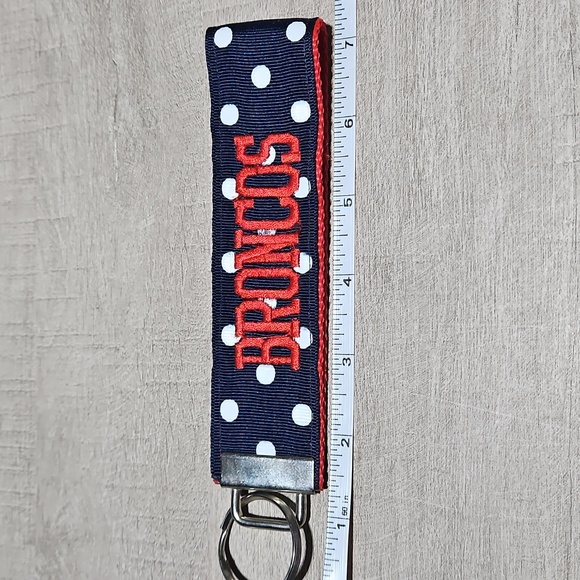 Broncos Blue, White Polka Dot & Red Embroidered Strap Keychain Bag Charm - Picture 2 of 4